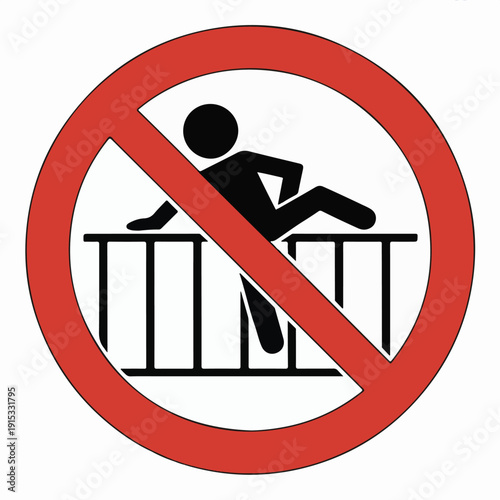 No Climbing Sign Showing a Person Climbing Over a Fence with Red Prohibition Circle Keywords: no climbing, forbidden, banned