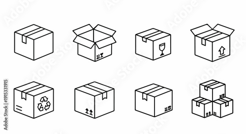 Various types of boxes with different symbols and labels for recycling and storage. Vector