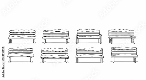 Eight different styles of wooden benches arranged in a row Vector