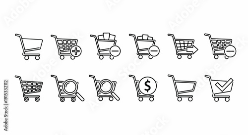 A collection of simple shopping cart icons with various items and symbols Vector