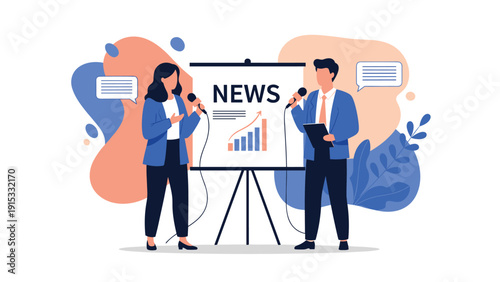 Pair of professional male and female news anchors presenting a report with a growth chart on a stand in a television studio.