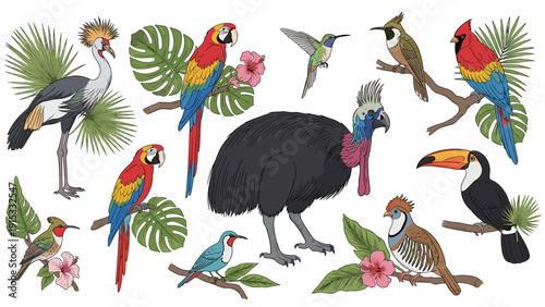 Diverse collection of colorful tropical birds including parrots, toucans, hummingbirds, a cassowary, and a crown crane on branches.