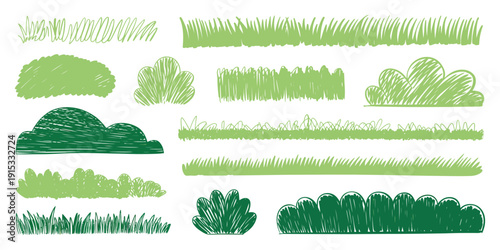 Crayon Drawing Green Grass Vector Set, Children Style Colored Pencil Lawn and Hills, Meadow Landscape with Decorative Garden, Park, and Forest Nature Elements