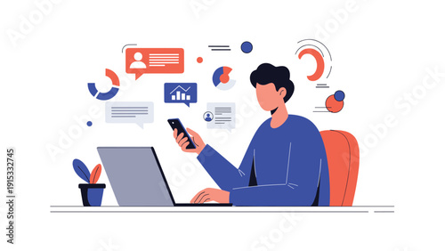 Modern professional multitasking by using a smartphone and laptop while surrounded by various digital data and network icons.