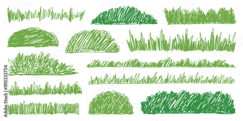 Crayon Drawing Green Grass Vector Set, Children Style Colored Pencil Lawn and Hills, Meadow Landscape with Decorative Garden, Park, and Forest Nature Elements