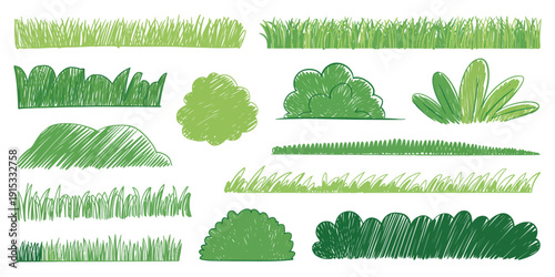 Crayon Drawing Green Grass Vector Set, Children Style Colored Pencil Lawn and Hills, Meadow Landscape with Decorative Garden, Park, and Forest Nature Elements