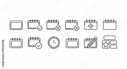 A collection of various calendar and scheduling icons in a minimalist style. Vector