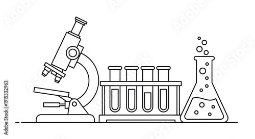 Line art illustration of a microscope test tubes and a flask in a laboratory setting