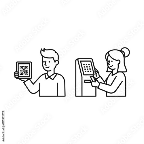 A man and a woman are using qr codes to make payments