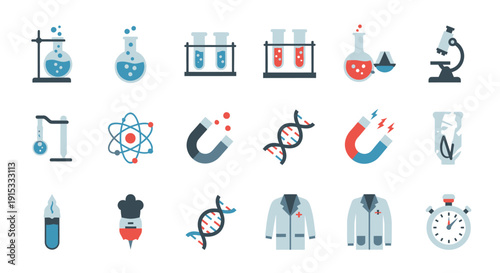 Collection of science and laboratory related icons in a flat minimalist style
