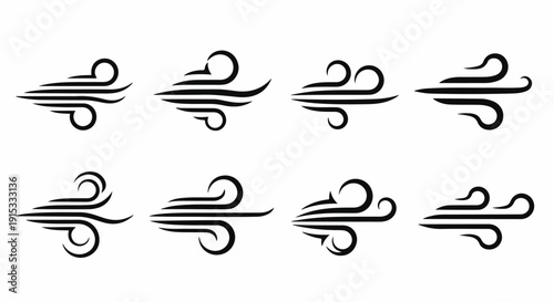 Eight different artistic representations of wind or motion in a minimalist style Vector