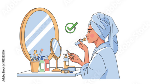 Young woman applying makeup with a brush while looking into her vanity mirror after a shower with various beauty products on the table.