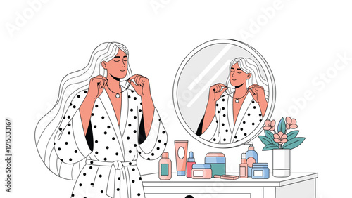 Beautiful woman in a polka dot robe standing at her vanity and putting on a delicate necklace while looking in the circular mirror.