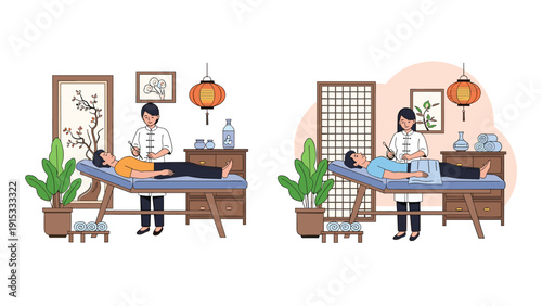 Patients receiving traditional Chinese medical treatments including acupuncture and massage therapy in a tranquil spa room setting.