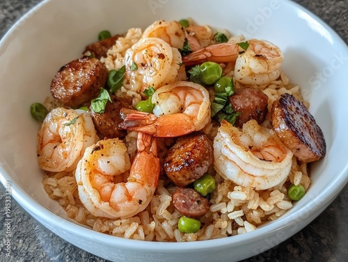 Louisiana jambalaya dish featuring shrimp, sausage, and rice garnished with green peas and herbs in a white bowl on a textured gray surface