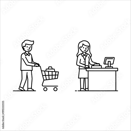 A man with a shopping cart and a woman at the checkout
