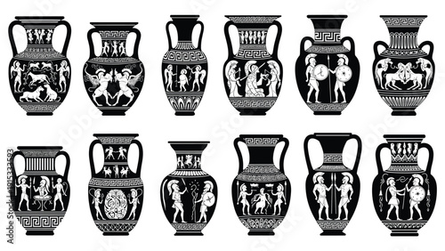 Ornate black and white illustrations of traditional Greek vases decorated with detailed scenes of mythological figures and warriors.