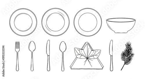 A variety of dining utensils and dishes arranged neatly on a table Vector