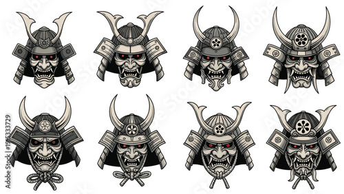 Set of traditional Japanese samurai and oni demon masks with fierce expressions, intricate helmets, and glowing red eyes.
