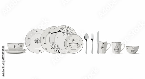 A collection of elegant porcelain dinnerware and cutlery arranged on a white background Vector