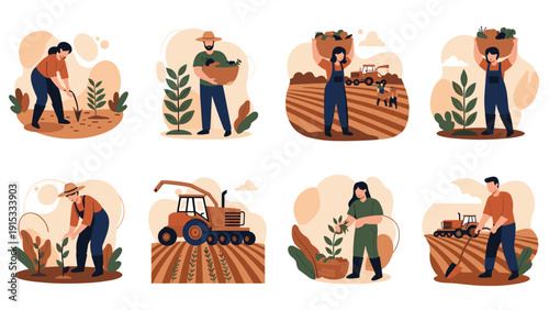 Hardworking farmers engaged in various agricultural activities like planting, harvesting, and operating heavy machinery on a farm.