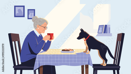 Senior woman sitting at her dining table and enjoying a cup of tea while a playful pet dog stands on a chair looking for treats.