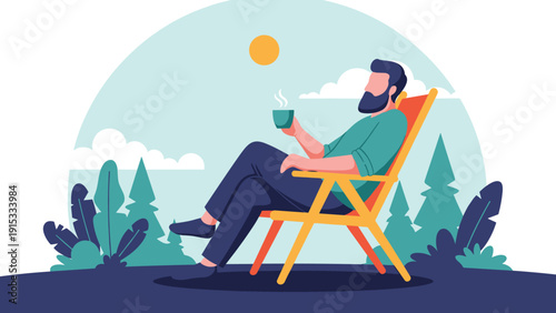 Man with a beard relaxing in a wooden lounge chair outdoors and holding a steaming cup of coffee in a peaceful forest setting.
