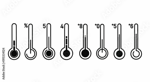 A set of eight thermometers displaying various temperature levels in degrees celsius Vector