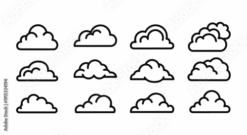 A collection of twelve different cloud formations in a simple line drawing style Vector