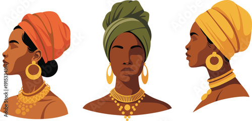 African women portrait illustration showing traditional headwrap jewelry cultural beauty female identity heritage fashion isolated on white background vector art