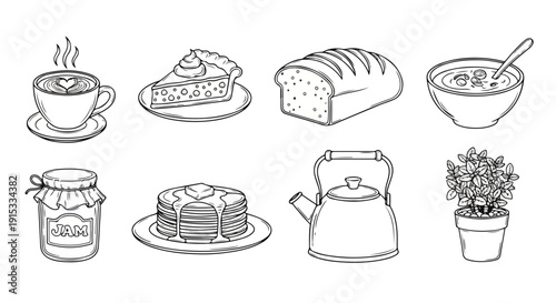 A delightful assortment of breakfast foods and kitchen items Vector