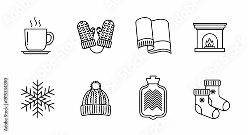 Cozy winter items including a mug, gloves, book, fireplace, snowflake, hat, scarf, and socks Vector