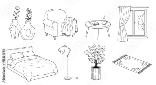 A collection of bedroom furniture and decor items in a minimalist style Vector