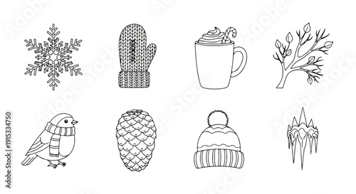 A collection of winter-themed illustrations featuring birds, pine cones, and cozy accessories Vector