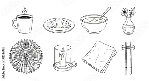 Illustrations of various breakfast items and kitchen utensils Vector