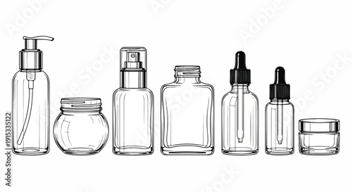 A variety of clear glass bottles and containers in different shapes and sizes Vector