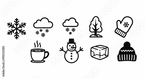 Illustrations of winter-themed icons including snowflakes, clouds, and hot beverages Vector
