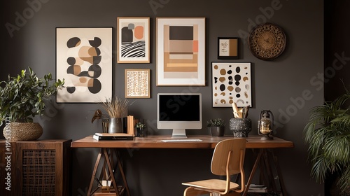 A stylish home workspace featuring art prints, a laptop, and a creative ambiance perfect for remote work.