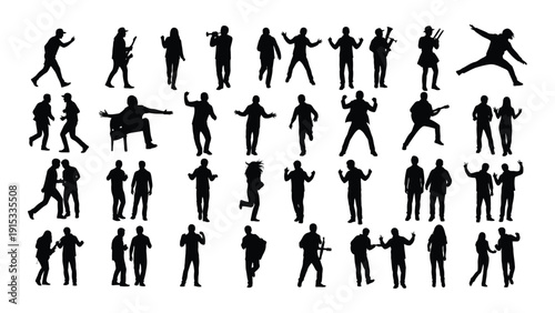 Diverse silhouettes of people engaged in various activities and poses isolated on white background, Vector