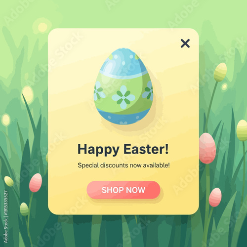 Easter sale notification with decorated egg on yellow background, surrounded by grass and eggs isolated on White Background