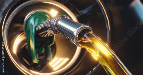 The Fuel Nozzle Pouring Golden Gasoline Into A Vehicle Fuel Tank With Shiny Chrome