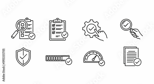 A collection of icons representing various aspects of quality assurance and control Vector