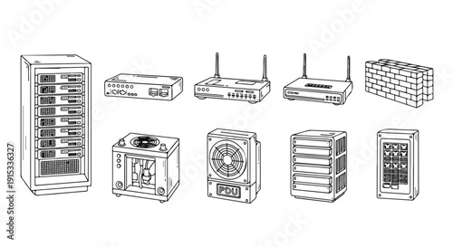 Assorted networking equipment and servers in a minimalist line drawing style Vector