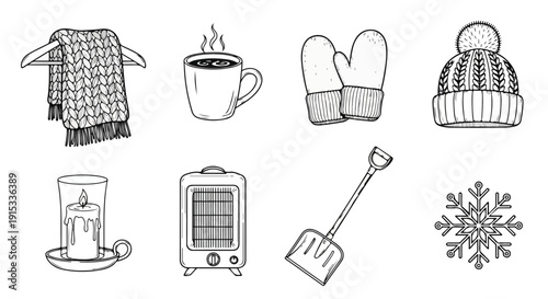Illustration of winter items including a scarf, mittens, and a snowflake Vector