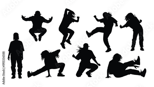 Silhouettes of people in various dynamic poses and actions isolated on white background, Vector