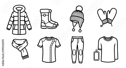 Illustration of winter clothing items including scarves, jackets, and boots Vector