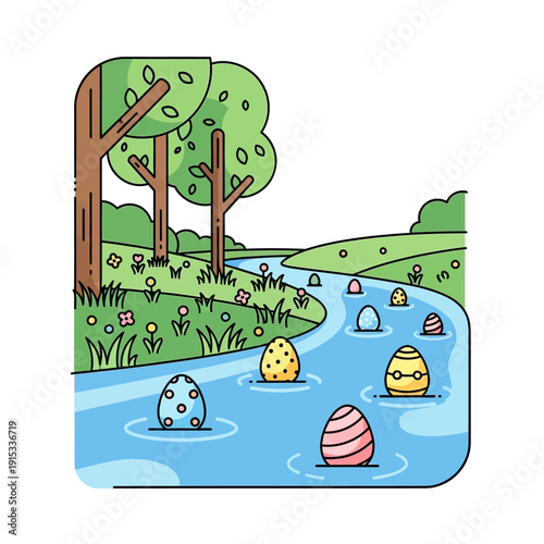 Colorful Easter eggs float in a winding river surrounded by trees and flowers on a sunny day isolated on White Background