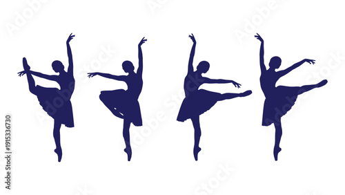 Four ballet dancers gracefully performing on stage in a line isolated on white background, Vector