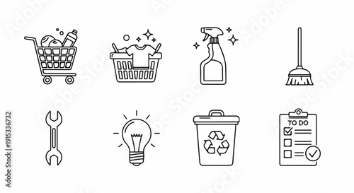 Illustrations of various cleaning and maintenance tools and tasks Vector
