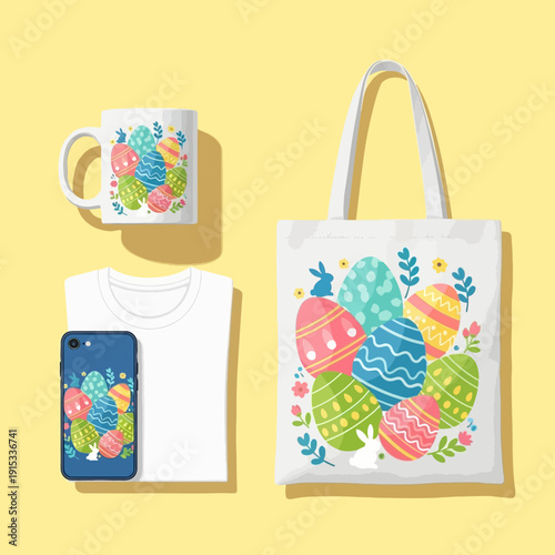 Easter egg designs on merchandise items including tote bag, mug, t-shirt, and phone case isolated on White Background